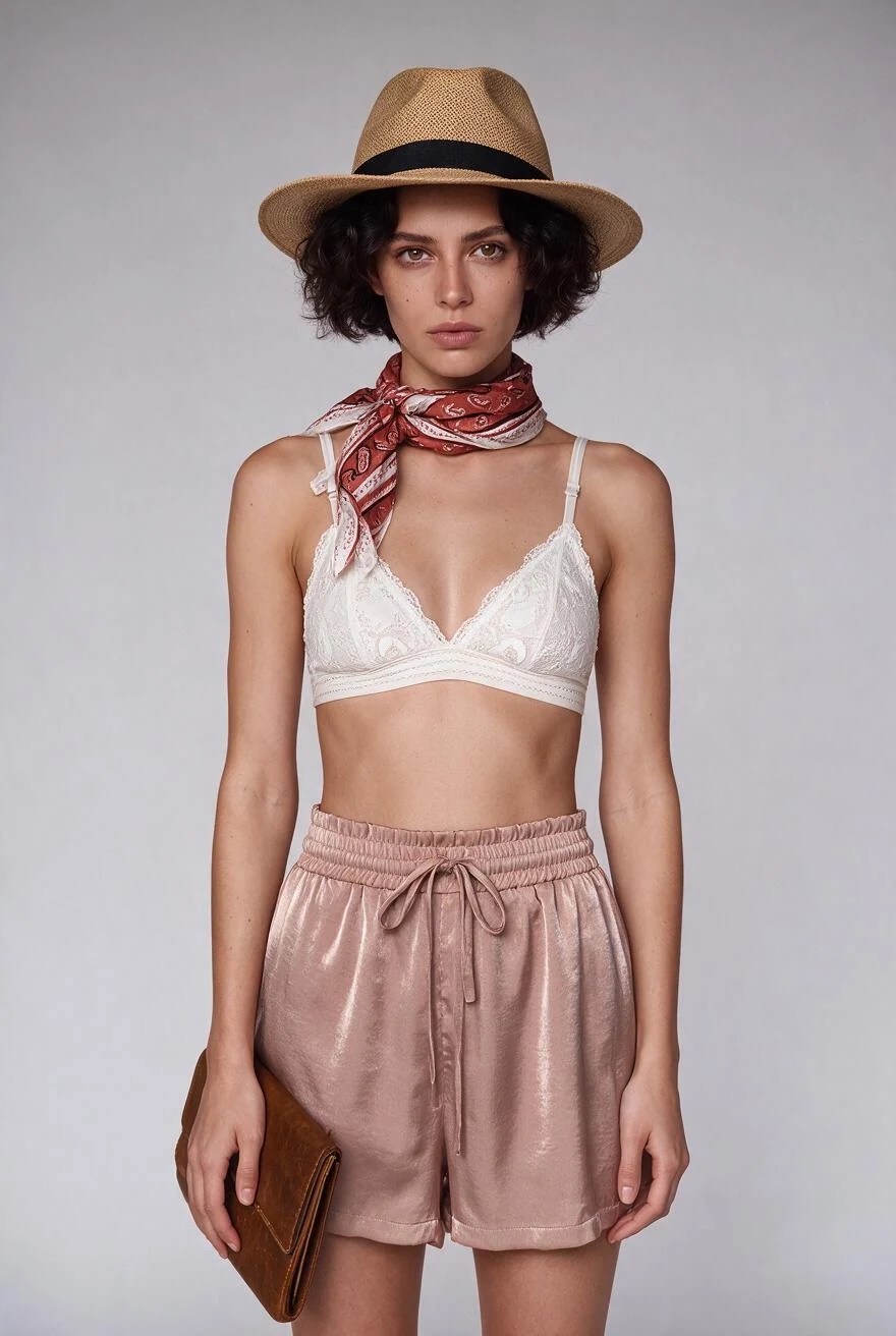 model wearing the outfit against a gray studio background
