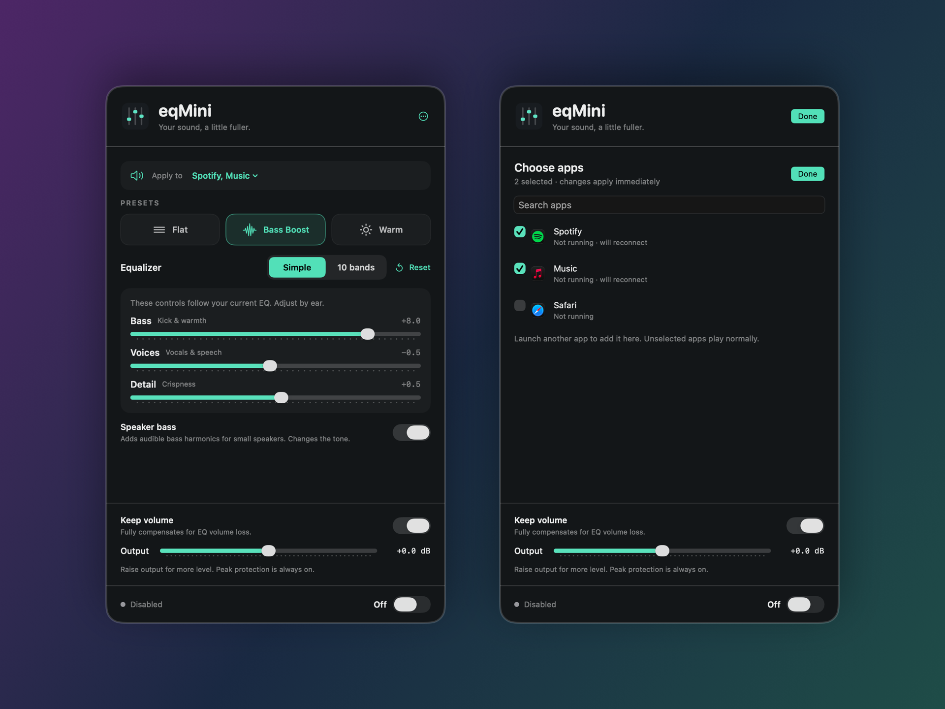 eqMini Simple equalizer and app selection views side by side